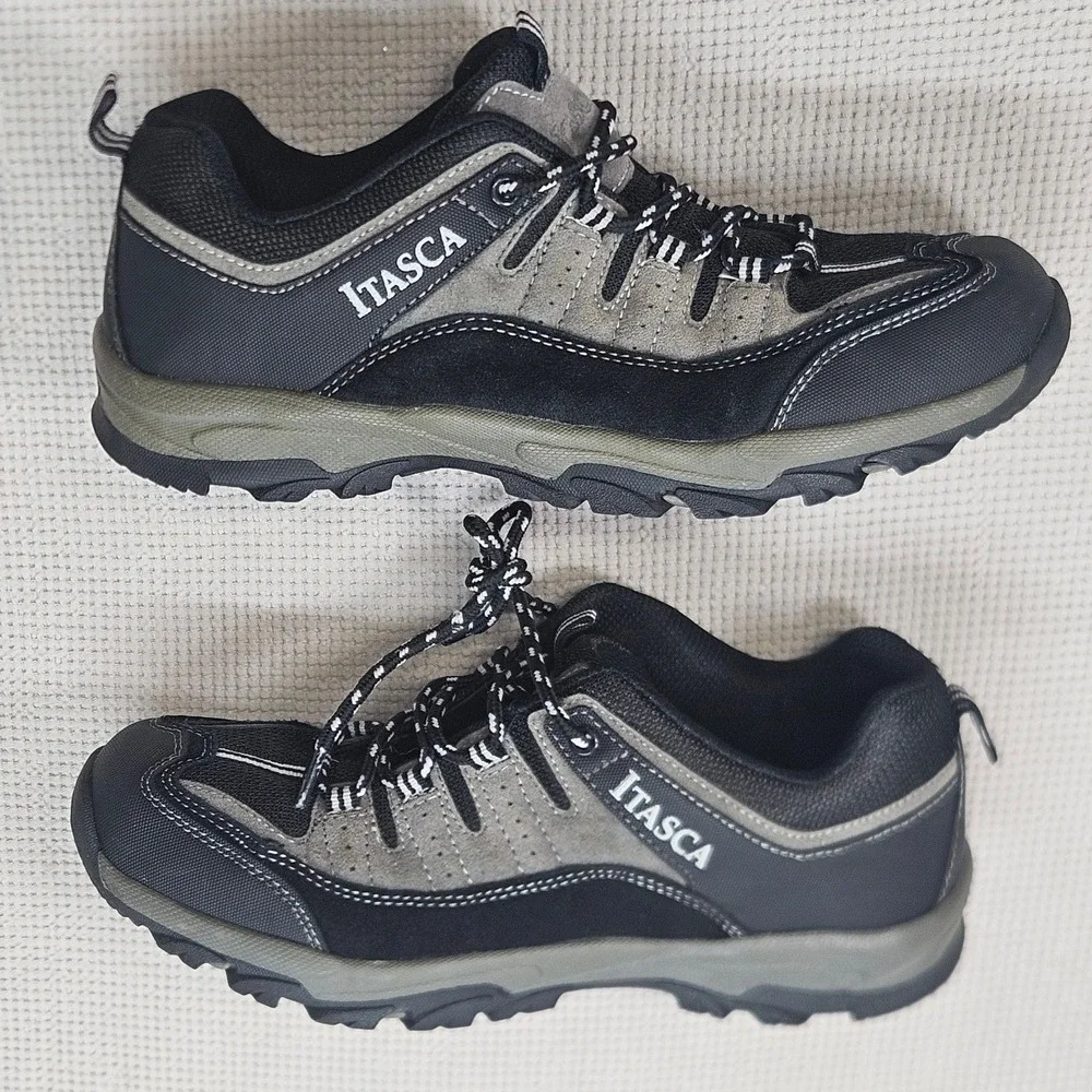 Itasca Black Grey Leather Hiking Shoes Trail Sneakers 451050 Men's 7.5 Women's 9
